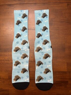 Personalized Dog Face Crew Socks - Light Blue with Black Toe